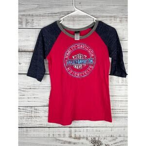Harley-Davidson Girls Stencil Round Bar Shield 3/4 Sleeve Raglan Top Iowa Red L